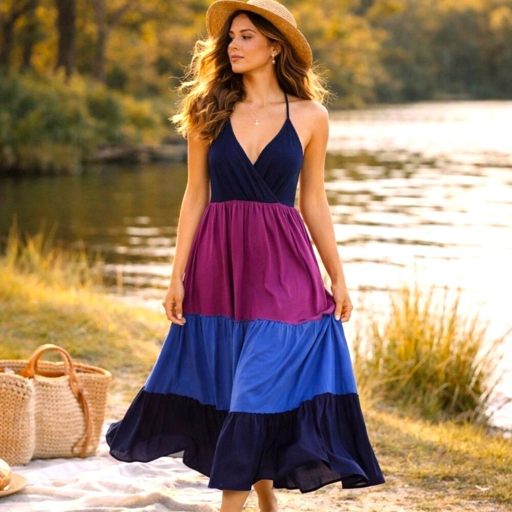 Vtg Y2K Fashion Bug Blue Maxi Dress 1X Boho Tiered Colorblock Flowy Cottagecore